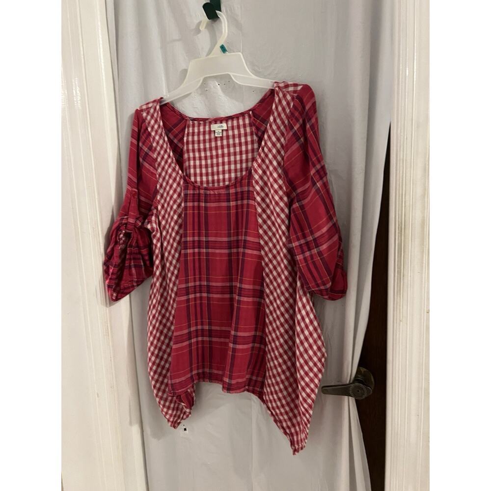 Anthropologie Odille Pink Plaid Checked Handkerchief Hem Tunic Sz M